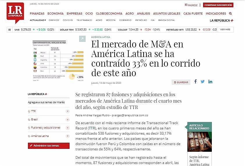 El mercado de M&A en Amrica Latina se ha contrado 33% en lo corrido de este ao